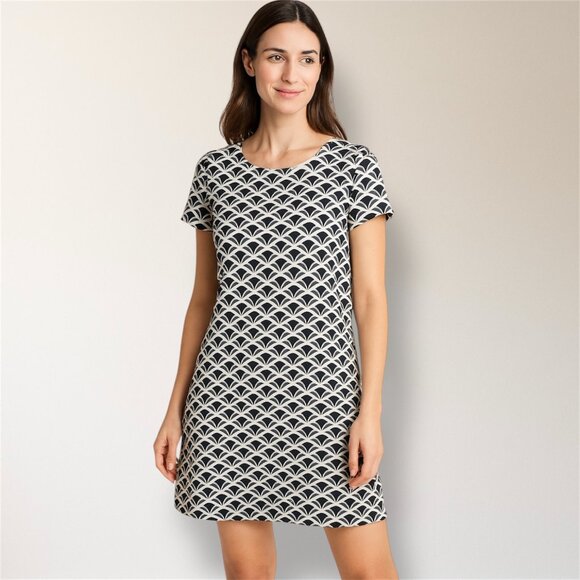 Ann Taylor Black White Geometric Printed Shift Mini Dress Preppy Coastal Sz 14 - Picture 1 of 7